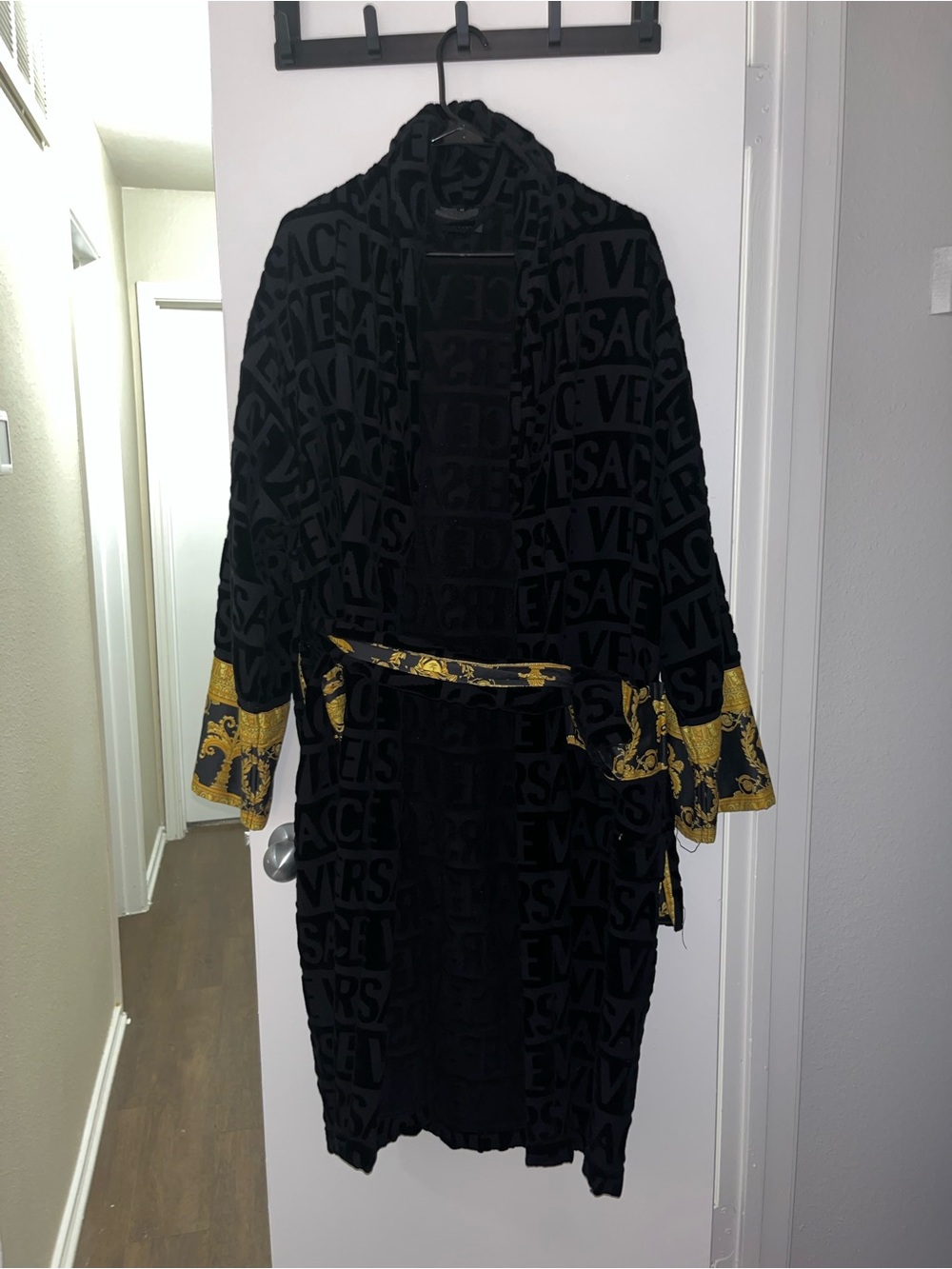 Versace Black Velvet Logo Robe with Gold Baroque Accents